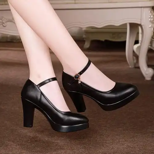 高跟防水台女鞋旗袍黑色模特单鞋粗跟软皮大码职业工作鞋走秀鞋女黑色