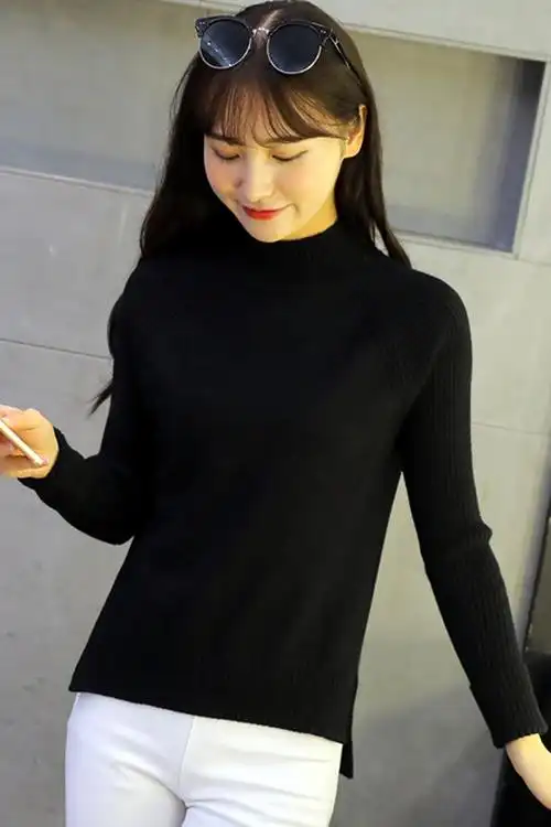 长袖打底衫女秋装新款短宽松半高领毛衣套头针织衫秋冬季外套