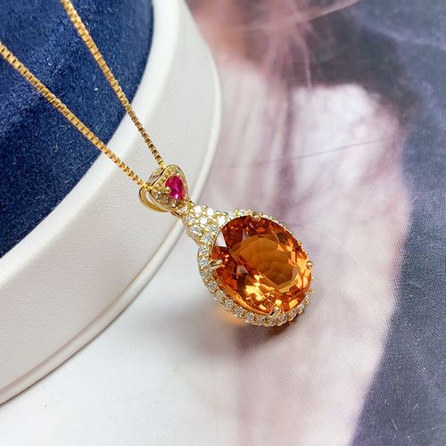 纯银镶嵌芬达色天然黄水晶吊坠项链豪华华大宝石项坠