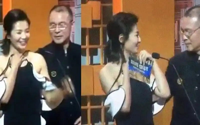 刘涛参加颁奖典礼,肩带不慎滑落露出胸贴,身旁老头眼睛都看直了