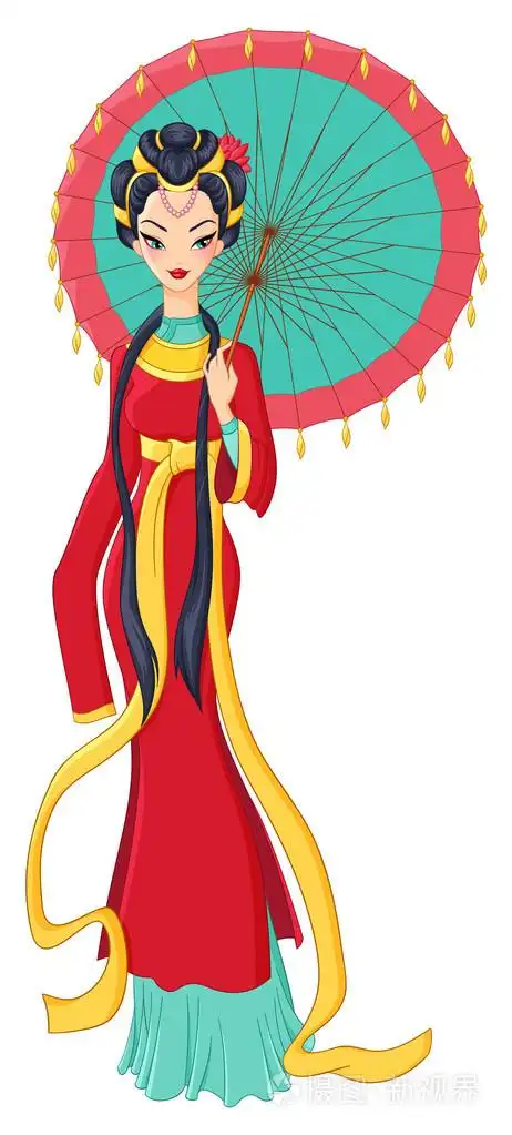 插画 在传统服饰控股伞的中国女人.矢量点检.eps