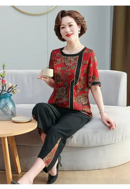 夏季上新中年胖妈妈夏装套装洋气衣服中老年女新款时尚大码夏季两件套