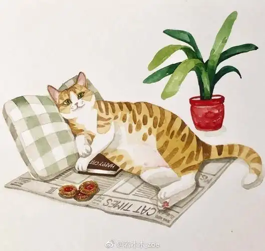 悠闲的猫咪手绘插画