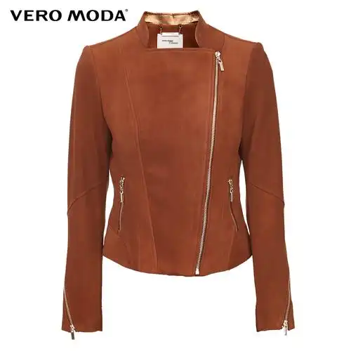 veromoda秋冬新款复古柔软羊皮皮革不对称拼接皮衣