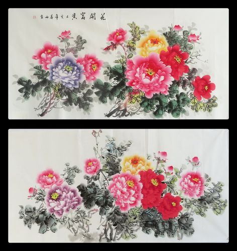 手绘花鸟国画牡丹四尺水墨写意字画客厅玄关横幅装饰书画作品e7