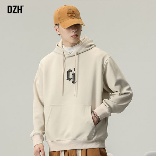 男士杏色卫衣男春秋连帽潮牌男装2023年新款春装刺绣上衣宽松帽衫