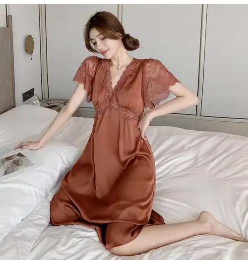 夏季短袖带胸垫睡裙女士蕾丝边v领弹力缎面冰雪丝绸睡衣超长睡裙 - 17