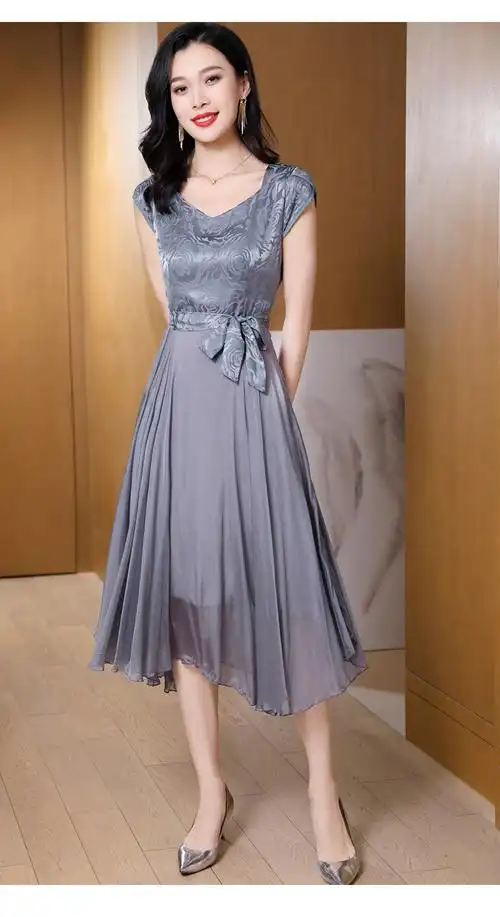 夏季高档重磅真丝连衣裙桑蚕丝短裙小个子丝绸气质显瘦过膝短袖女酒