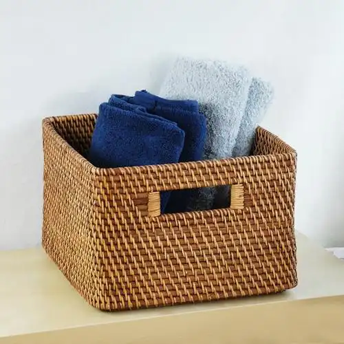 kens藤编 长方形手提收纳筐 脏衣篮物品收纳筐 杂志收纳篮