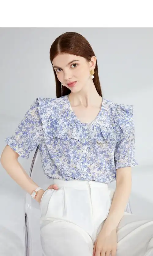 亦谷荷叶边v领雪纺衫薄款上衣女2021年夏装新款设计感别致小衫 蓝花 s