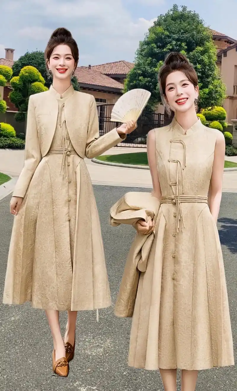 新中式盘扣复古套装裙.2024春秋新款女士套装裙,融合了新中 - 抖音