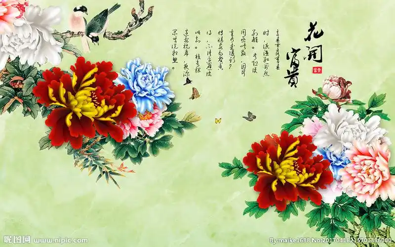 花开富贵牡丹花鸟电视背景墙图片