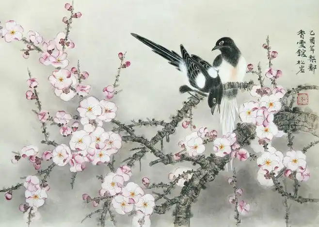 画家笔下的喜鹊红梅