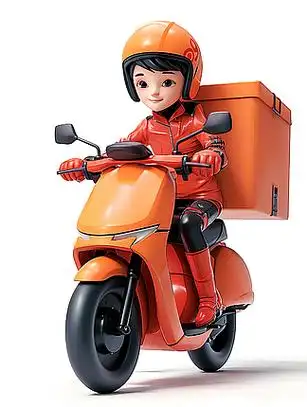 快递员骑电动自行车在白色背景前送快递3d渲染人像