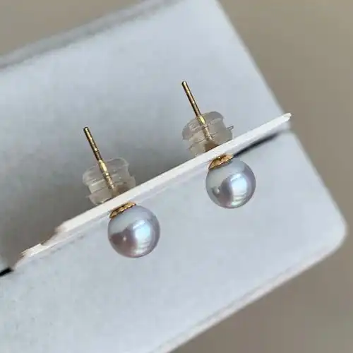 18k极亮正圆全无瑕银灰蓝色akoya海水真多麻珍珠耳环68mm素耳钉