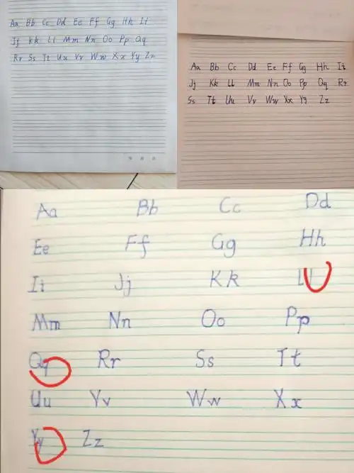 有的手写体写成了印刷体.例如:l和q没有尾巴,写成了印刷体.