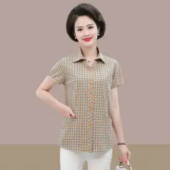 洱樱中年女装夏天格子衬衫棉女短袖夏季新款宽松开衫上衣黄格xl90110