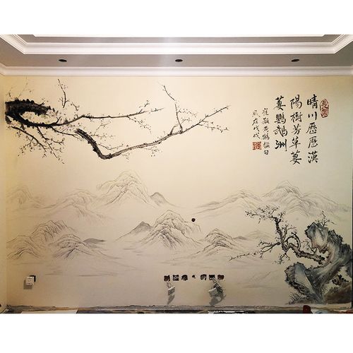 家装手绘墙国画淡雅山水电视背景墙绘壁画客厅餐厅卧室沙发墙彩绘