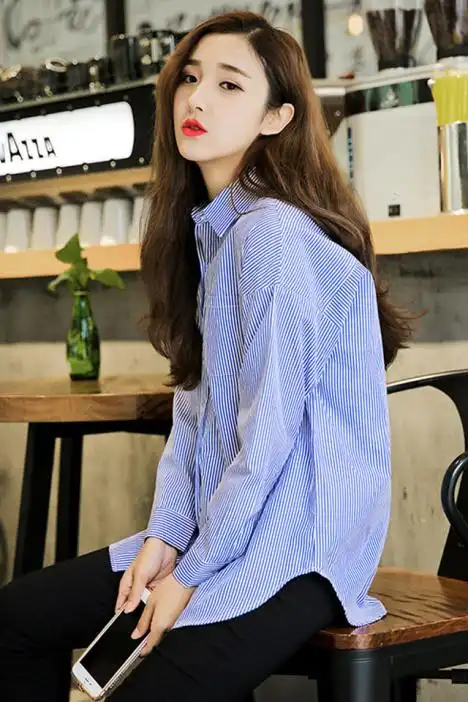 衬衫女长袖新款春秋款韩版宽松蓝色中长款蓝白竖条纹衬衣外套