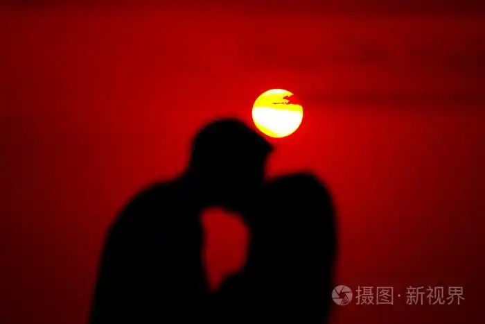 情侣亲吻在落日下的剪影