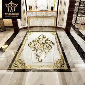 定制镀金黑白轻奢现代地面拼花瓷砖入户玄关客餐厅抛晶砖拼图水刀