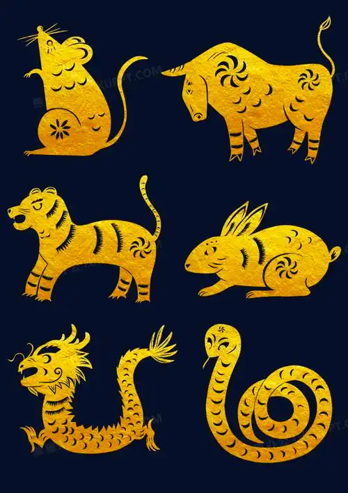 一组烫金剪纸风金色十二生肖合集素材