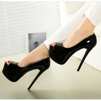 鱼嘴高跟鞋16厘米细跟性感黑色恨天高夜店女鞋15cm超防水台宴会女士