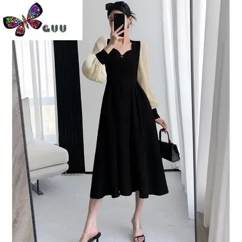 语娄大码法式赫本风别致长袖连衣裙女春季胖妹妹遮肚子显瘦拼接长裙子