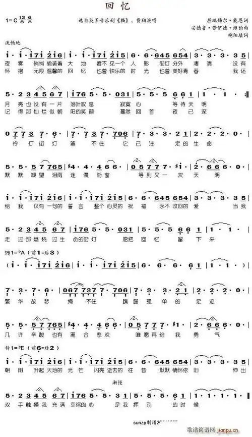 回忆(选自英国音乐剧《猫》) 费翔 歌谱简谱网