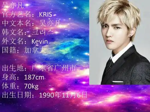 官方艺名:kris 中文本名:吴亦凡 韩文名:    外文名:kevin 国籍