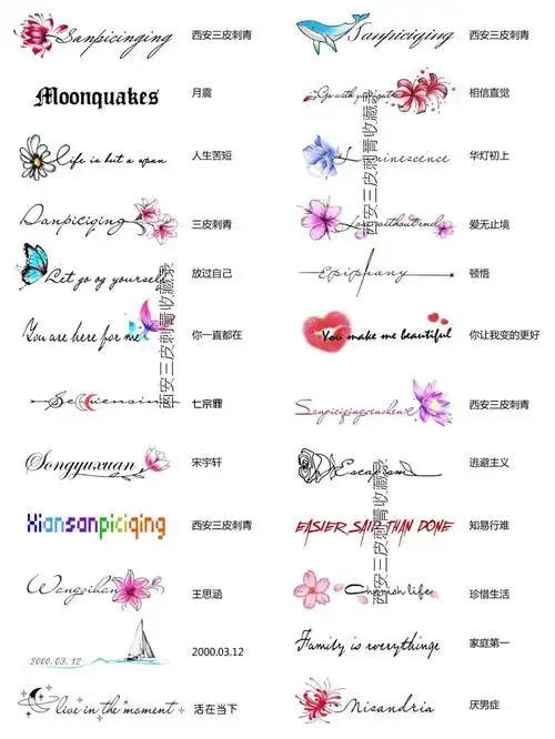 英文字母纹身图案手稿锁骨纹身