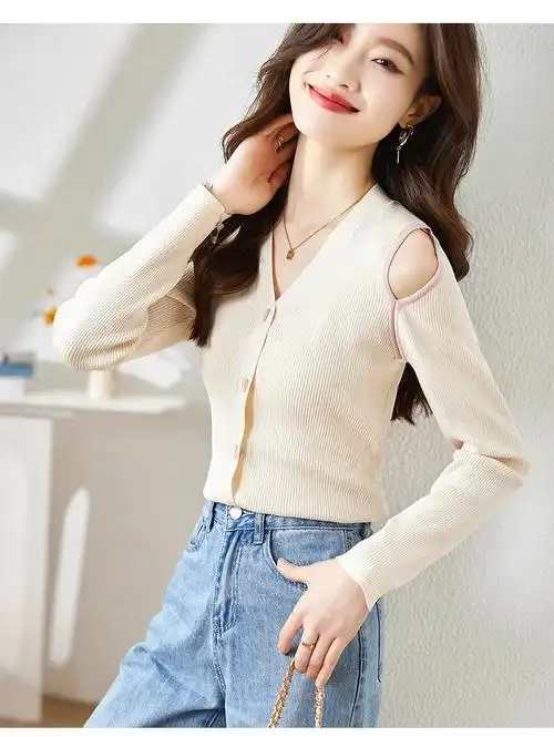 春秋款黑色修身针织衫小开衫女毛衣外套春季短款毛线外搭女士上衣