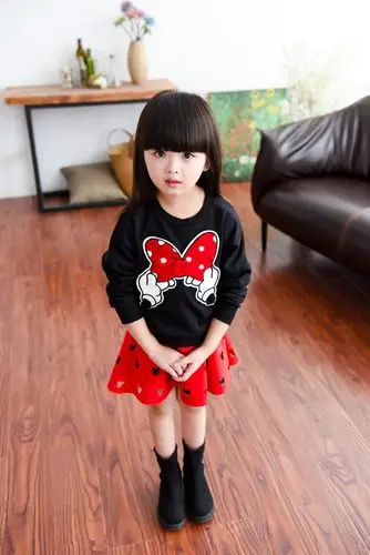 芭奴琳 童装2016新品可爱蝴蝶结上衣 镂空米奇短裙两件套装fz271