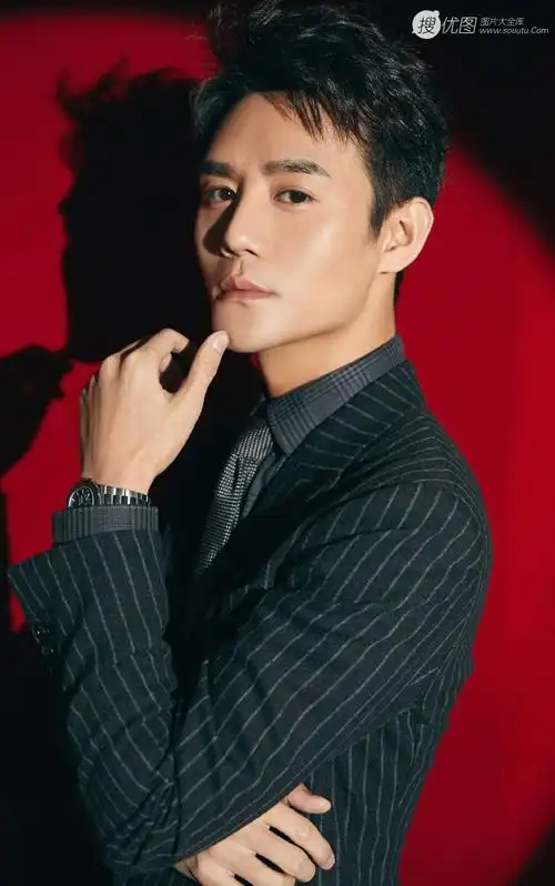 红色背景前的帅气王凯,着黑色条纹西装,眼神坚定 王凯,帅气,西装帅哥