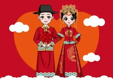 婚礼人物新娘新郎手绘中国风插画