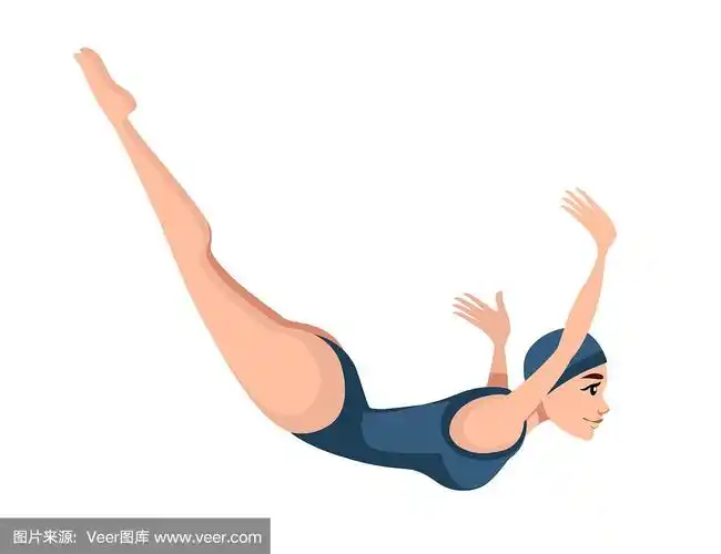 运动员女子在蓝色泳衣跳水卡通人物设计平面矢量插图在白色的背景