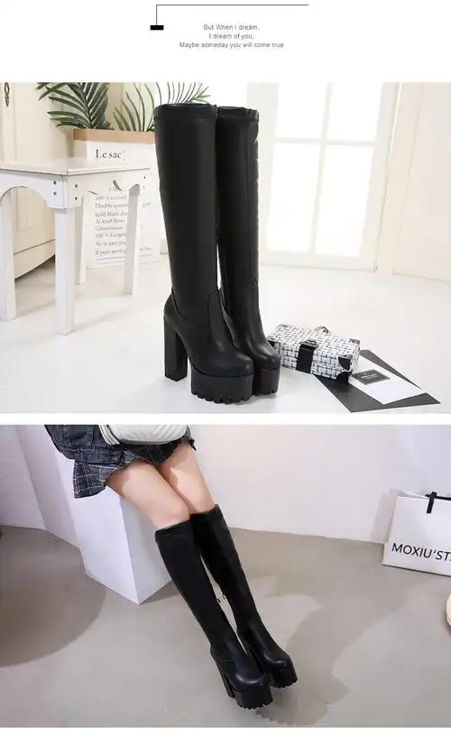 防水台裸靴高跟过膝靴女靴长筒靴秋冬季瘦瘦靴超长靴弹力靴 95338-1