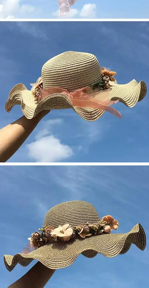 帽子女夏天遮阳帽防晒太阳帽韩版波浪沙滩帽子女夏小清新海边草帽