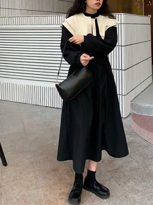 早秋冬2021年新款法式复古茶歇桔梗长裙子大码微胖mm遮肚子连衣裙