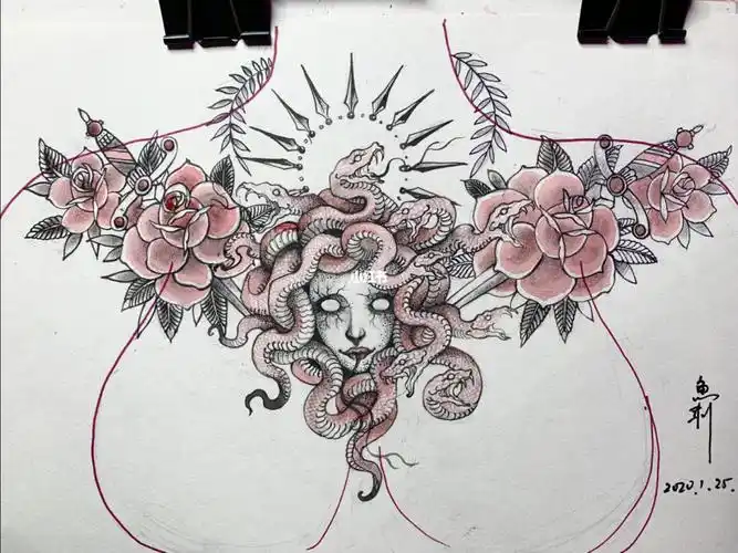 美杜莎花胸纹身手稿纹身刺青