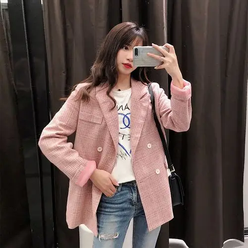 格子粉色小西装外套女韩版宽松春秋2020新款英伦风ins西服上衣潮
