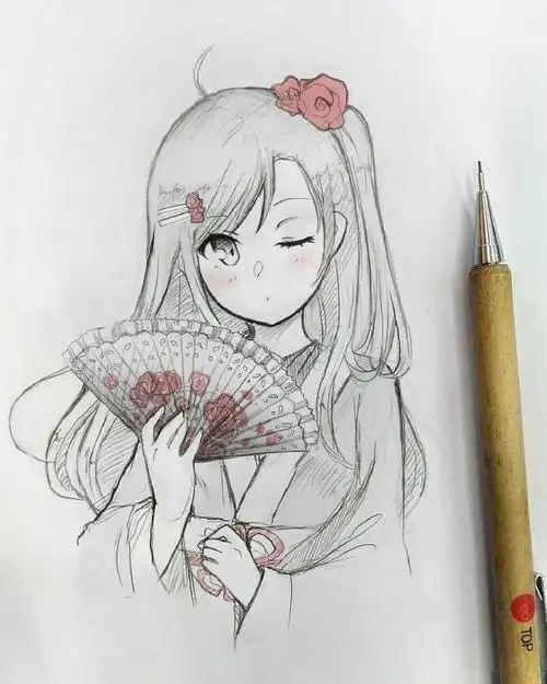 自动铅笔手绘动漫少女,加一点马克笔上色点缀画面就不会单调啦