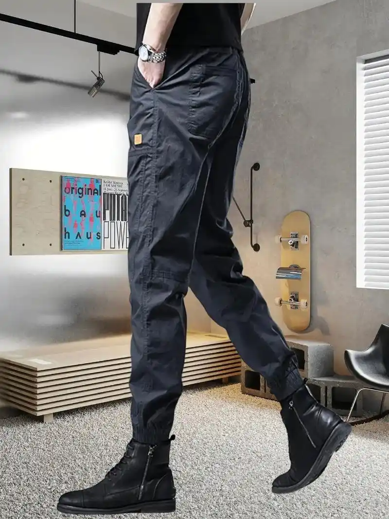 美式拼接加绒加厚工装裤男秋冬松紧束脚潮流