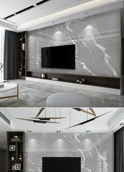 轻奢现代灰色大气石材岩板电视背景墙