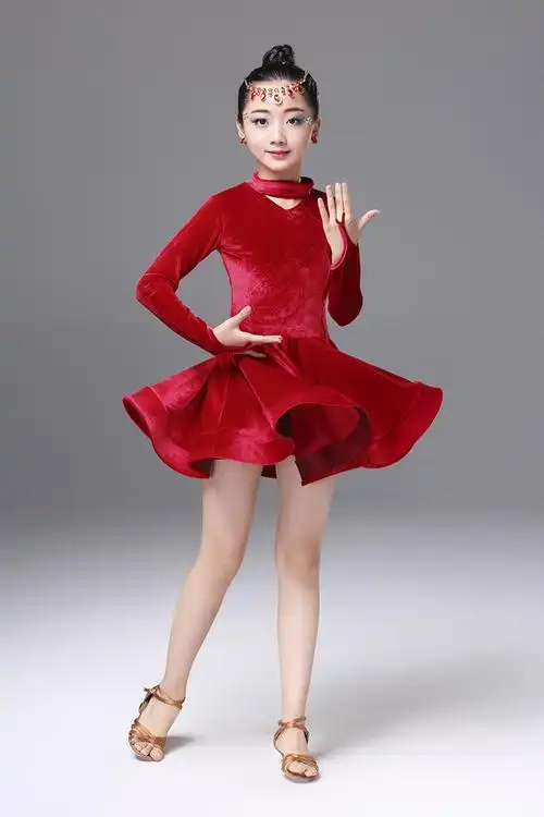 儿童拉丁舞裙长袖练功服秋冬款舞蹈服加绒加厚拉丁舞演出服装女童