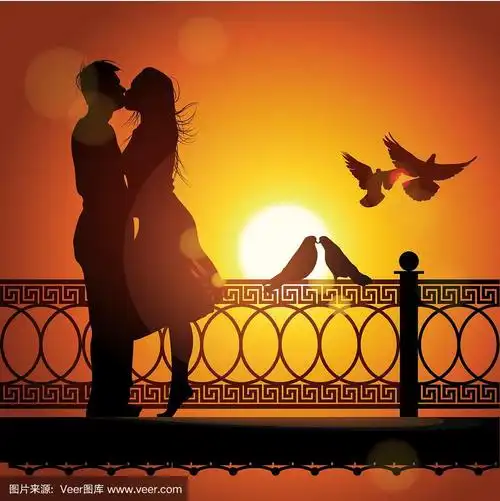 一对情侣在日落时亲吻的剪影