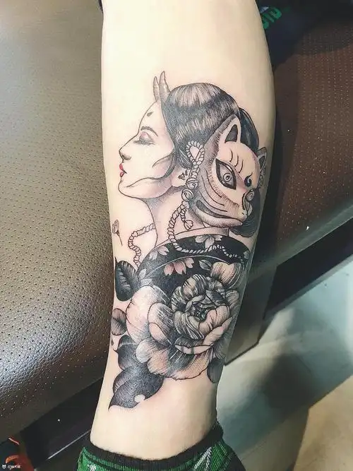 小腿艺妓_纹身图案手稿图片_张伯轩的纹身作品集