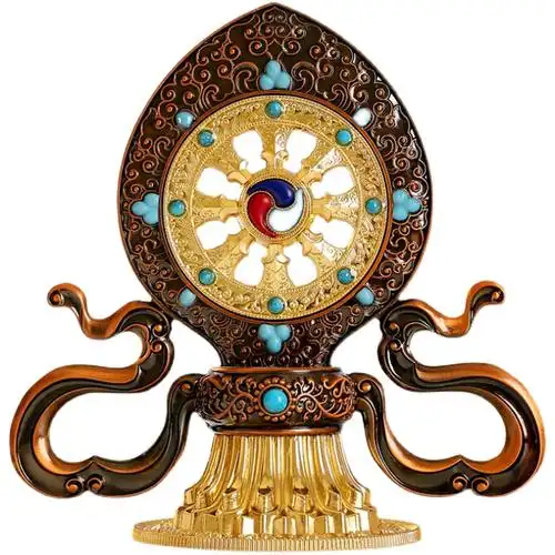 尼泊尔藏传佛教鎏金密宗法器轮王七珍双鹿法轮七政宝家用供奉摆件