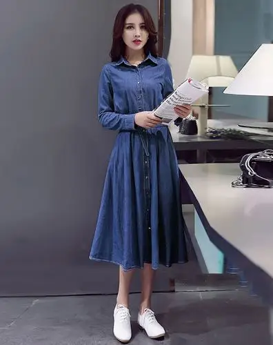 女深蓝色气质纯色百搭连衣裙(配腰带)