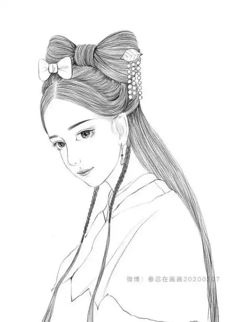 古风汉服少女人物黑白动漫素材插画绘画线稿手绘女生男生长发短发转载